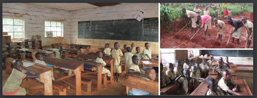 three picture group together with kids in classroom and in the field of Burundi