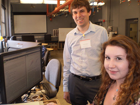 Andrew Pilloud (’11 Comp. Engr.), and Rachel Forbes, president of WSU’s Linux Users Group, in Sloan Hall’s computer lab.