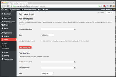 The add new user screen provides areas for existing users of the platform or for entirely new users.