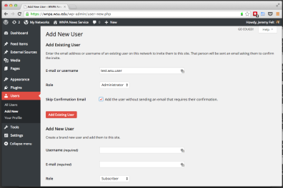 Select the desired role on this site for the existing network user and check the box to skip confirmation.